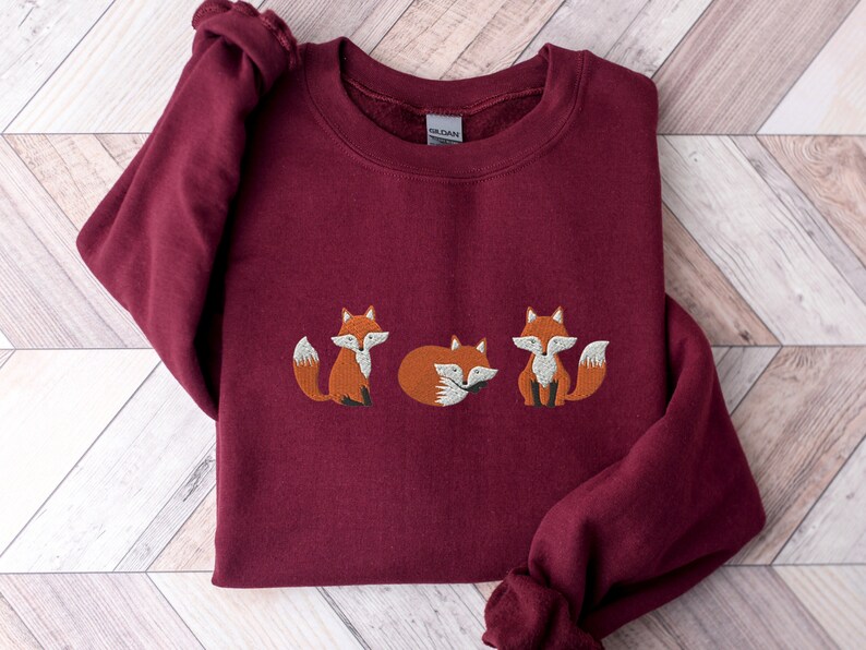 Embroidered Fox Sweatshirt, Animal Lover Gift, Cottage Core Maroon