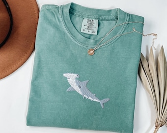 Embroidered Hammerhead Shark Comfort Colors Tshirt, Unisex Hammerhead Shark Shirt Hammered Shirt Shark Shirt Marine Biology Gift for Him/Her