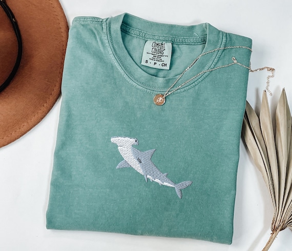 Embroidered Hammerhead Shark Comfort Colors Tshirt, Unisex Hammerhead Shark Shirt Hammered Shirt Shark Shirt Marine Biology Gift for Him/Her