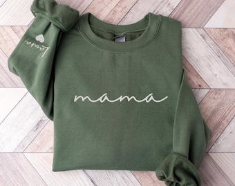 Embroidered Mama Sweatshirt, Custom Kid Names on Sleeve