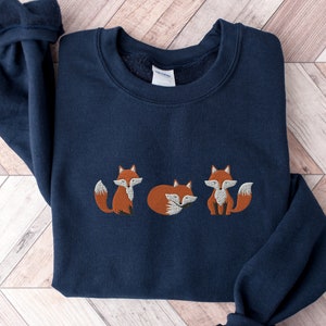 Embroidered Fox Sweatshirt, Animal Lover Gift, Cottage Core Navy