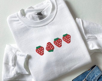 Besticktes Erdbeer-Sweatshirt, Vintage-Erdbeer-Komfort-Farben-T-Shirt, Obst-Shirt, Sommer-T-Shirt, besticktes T-Shirt, besticktes Shirt