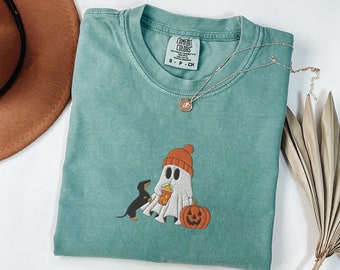Embroidered Halloween Dachshund Ghost Comfort Colors T-Shirt
