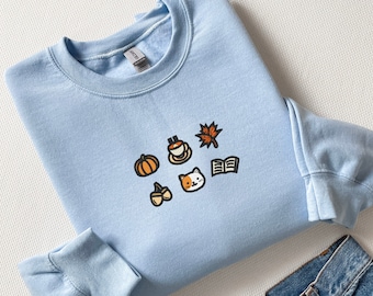 Embroidered Fall Sweatshirt, Embroidered Coffee Shirt, Book Shirt, Embroidered Pumpkin Spice Shirt, Pumpkin Cat Sweatshirt, Spooky Season