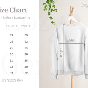 May include: Size chart for a Gildan unisex sweatshirt, showing measurements in inches for length and width, for sizes S through 4XL.