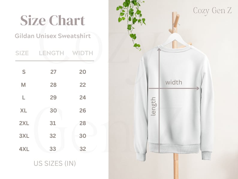 May include: Size chart for a Gildan unisex sweatshirt, showing measurements in inches for length and width, for sizes S through 4XL.