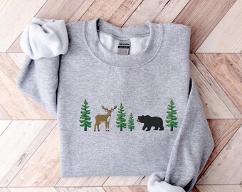 Embroidered Forest Animals Sweatshirt, Bear Deer Crewneck