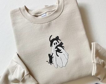 Sweat-shirt d'Halloween brodé, col rond fantôme tenant des chats noirs