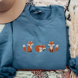 Embroidered Fox Sweatshirt, Animal Lover Gift, Cottage Core Indigo Blue