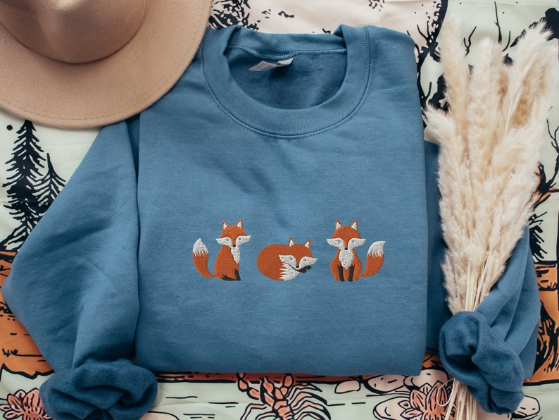 Embroidered Fox Sweatshirt, Animal Lover Gift, Cottage Core Indigo Blue