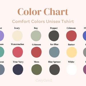 May include: Color chart showing 18 different colors for unisex t-shirts. The colors are arranged in three rows of six colors each. The colors are: Violet, Ivory, Bay, Pepper, Crimson, Flo blue, Seafoam, Watermelon, Crimson, Ice Blue, Butter, Grey, Blue Jean, True Navy, Moss, Blue Spruce, White, Berry.