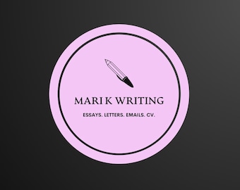 May include: A pink circle with a black outline and a black pen icon. The text "MARIK WRITING" is written in black below the icon. The text "ESSAYS. LETTERS. EMAILS. CV." is written in black below the text "MARIK WRITING".