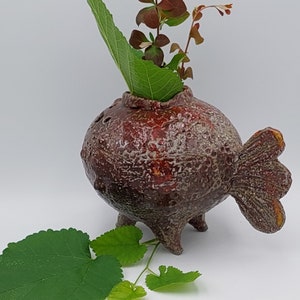 Red fish - zoomorphical ceramic ikebana vase with red glaze