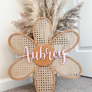 20” daisy, boho rattan daisy, boho nursery decor, rattan decor, 3D wood flowers, cane daisy, boho vintage, rattan home decor, birth sign