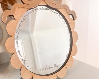 Scallop Oval Affirmation Bow Mirror | Positive Quotes Mirror for Girls Room | Laser Cut Acrylic Wall Decor | Custom Uplifting Kids Room Gift
