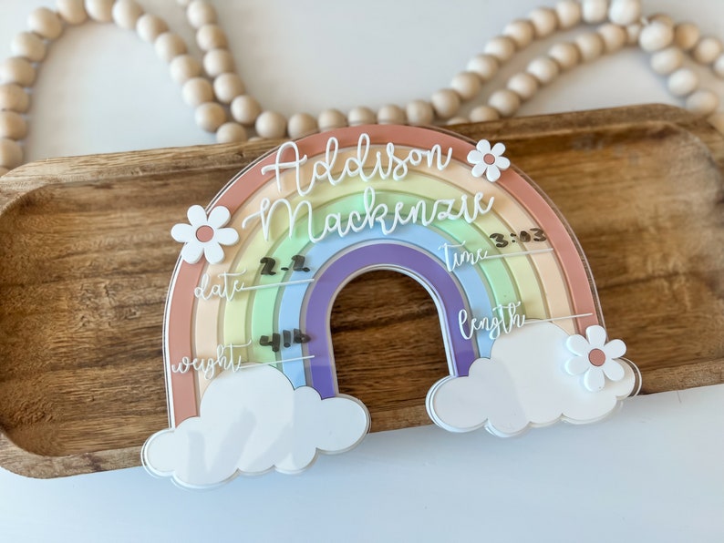 Rainbow birth stat sign, rainbow baby, rainbow baby name sign, hospital sign, baby shower gift, gift for her, name announcement, newborn image 2