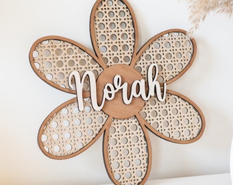 11” rattan daisy, boho daisy, nursery sign, farmhouse style, personalized name sign, baby shower gift, gift for her, baby shower gift