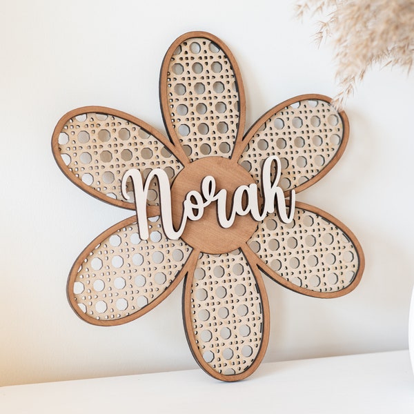 11” rattan daisy, boho daisy, nursery sign, farmhouse style, personalized name sign, baby shower gift, gift for her, baby shower gift