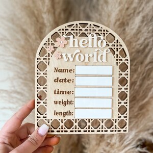 Rattan birth stats, arch birth stat, baby announcement sign, newborn birth sign, hospital sign, boho rattan sign, engraved hello world