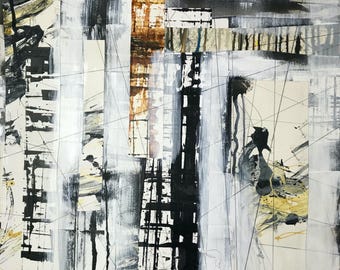Pintura abstracta original en blanco, negro y gris, collage de papel de acuarela para pared.