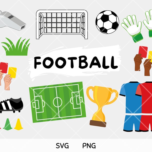 Football SVG PNG Clipart Illustration Graphics Cut File Soccer Footballer Player Ball Goal Banner Bunting Stickers Cake Topper Party Invites