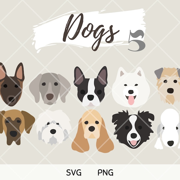 Dogs SVG PNG Clipart Illustration Graphics Cut File Party Faces Heads Puppy Pets Pattern Stickers Scrapbook Banner Bunting Digital Download