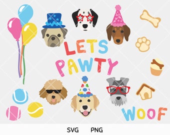 Let's Pawty SVG PNG Dogs Clipart Illustration Graphics Cut File Party Faces Heads Pattern Stickers Scrapbook Banner Bunting Digital Download