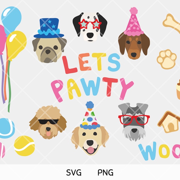 Let's Pawty SVG PNG Dogs Clipart Illustration Graphics Cut File Party Faces Heads Pattern Stickers Scrapbook Banner Bunting Digital Download