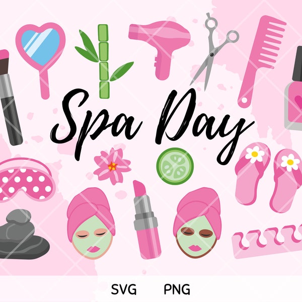 Spa Day PNG SVG Clipart Layered Cute Pamper Makeover Pink Girl Beauty Cosmetics Lipstick Nail Polish Party Vector Graphic Cut File Invites