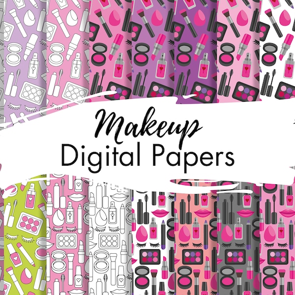 Makeup Digital Paper Set Cosmetics Lipstick Mascara Glam Scrapbook Clipart Background Backdrop Wallpaper Pattern Girl Pink Beauty Download