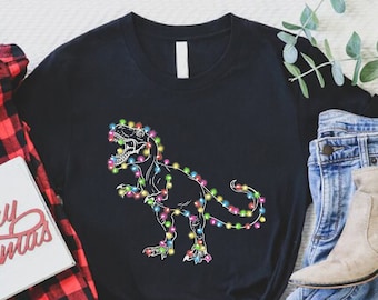 Christmas Dinosaur Light Shirt, T-rex Christmas Shirt, Boys Christmas Outfit, Xmas Holiday Shirt, Tree Rex Shirt, Kids Christmas Shirt