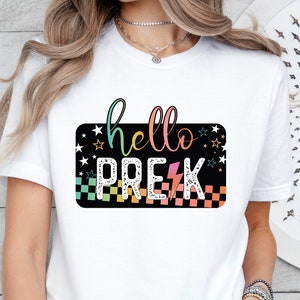90s Checkered Hello Pre-K Teacher Shirt, Back To School Pre-K Shirt, Matching Group Shirts For Pre-K Teacher Team, PreK Teaching Team Shirt