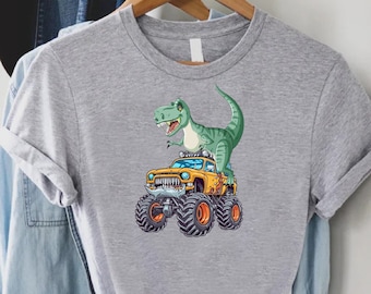 Monster Truck and T-Rex Dinosaur Shirt,Monster Truck T-Shirt Kids,Birthday Gift For Boys,Truck Lover Kid Gift,Dinosaur Lover Gift,T-Rex Tee