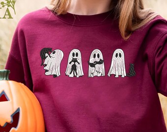 Ghost Cats Embroidered Halloween Sweatshirt, Cute Ghosts With Black Cats Embroidery Crewneck, Witchy Halloween Shirt, Black Cat Lover Gift