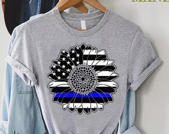 Police Flag Shirt For Women, Police Wife Gift, Sunflower American Flag Shirt, Thin Blue Line Shirt, Police Gift, Police Mom Shirt