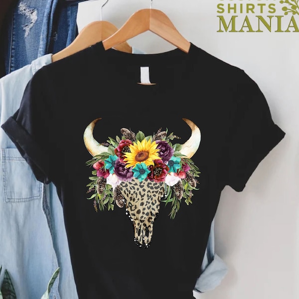 Floral Texas Women Shirt, Boho Cow Shirt, Leopard Texas Shirt, Texans Gift, Southern Girl Shirt, Gift For Women, Floral Cow Skull Shirt