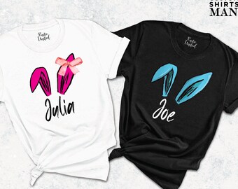 Personalized Easter Bunny Ears Couple Shirts Custom Name Matching Tee Set