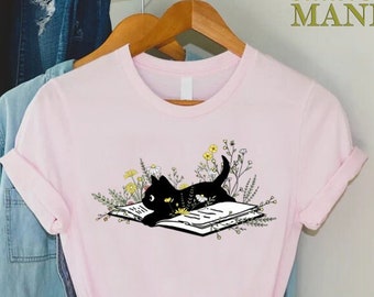 Book Cat Shirt,Cute Reading Shirt,Cat Book Shirt,Funny Book Lover Shirt, Cat Lover Shirt,Gift for Book Lover,Bookish T-shirt,Cat On Book Tee