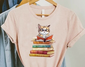 Cat And Books Shirt,Funny Cat Shirt,Cat Book Shirt,Book Lover Shirt,Cat Lover Shirt,Cat on Book Shirt,Bookish T-shirt,Reader Bookish Tee