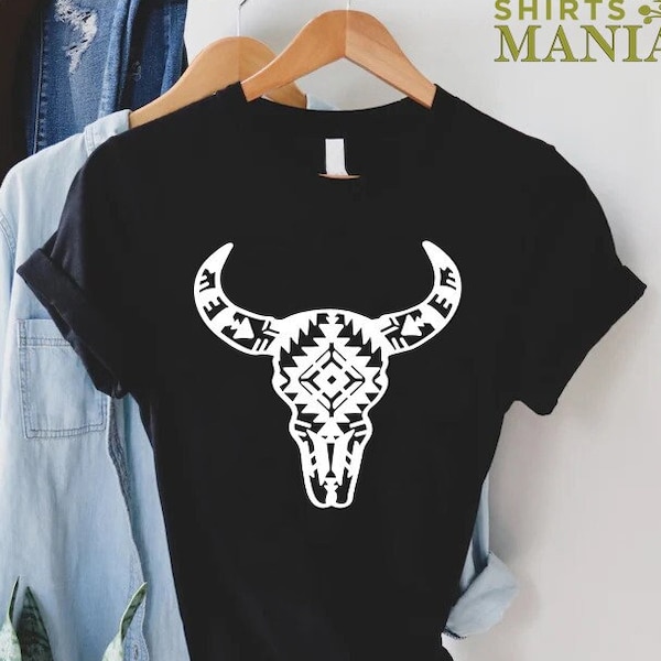 Boho Cow Skull Tshirt, Western Aztec Bull Skull Tshirt, Western Life Gift, Cowboy Shirt,Wild West Shirt,Cowgirl Tshirt,Rodeo Tshirt Shirt