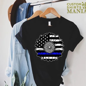 Police Flag Shirt For Women, Police Wife Gift, Sunflower American Flag Shirt, Thin Blue Line Shirt, Police Gift, Police Mom Shirt image 9