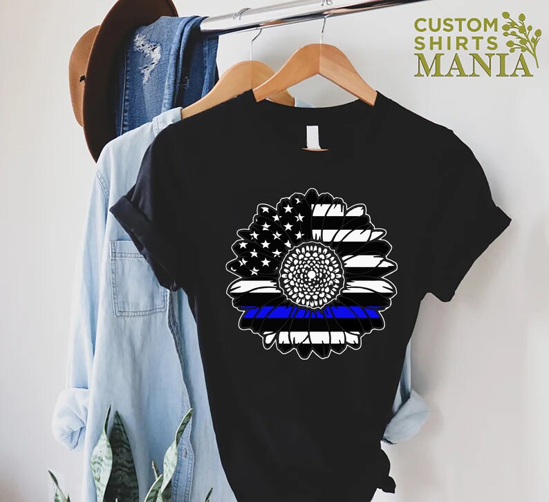 Police Flag Shirt For Women, Police Wife Gift, Sunflower American Flag Shirt, Thin Blue Line Shirt, Police Gift, Police Mom Shirt image 9
