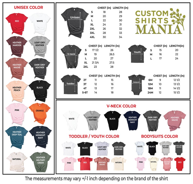 May include: A chart showing different t-shirt and bodysuit sizes and colours. The chart includes unisex, v-neck, toddler, youth, and bodysuit styles. The chart also includes a size guide for each style, with measurements in inches. The chart is titled "Custom Shirts Mania".