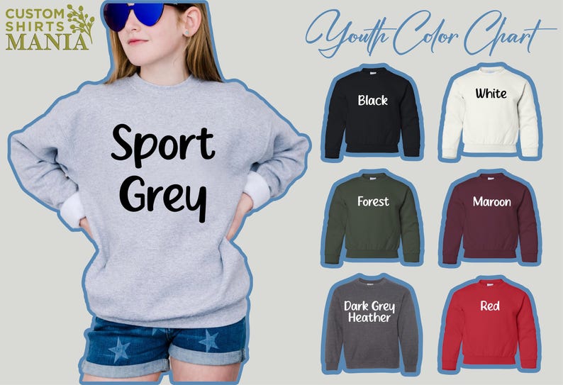 May include: A youth color chart for sweatshirts showing different colors, including Sport Grey, Black, White, Forest, Maroon, Dark Grey Heather, and Red.
