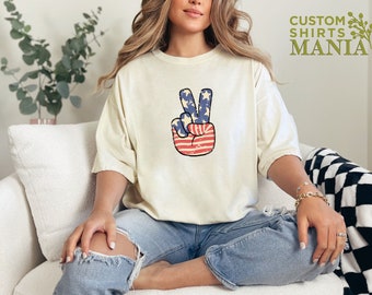 Comfort Colors Peace Sign Tee, American Flag Shirt, Vintage Style Comfort Colors 4th Of July Women Shirt, Independence Day, Patriotic Gift