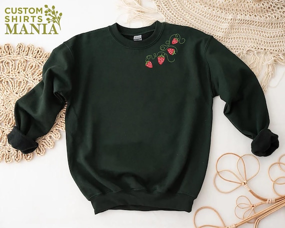 Embroidered Strawberry Neckline Sweatshirt, Embroidery Fruit Sweatshirt, Strawberry Lover Gift, Red Berry Embroidery,Cute Strawberries Shirt