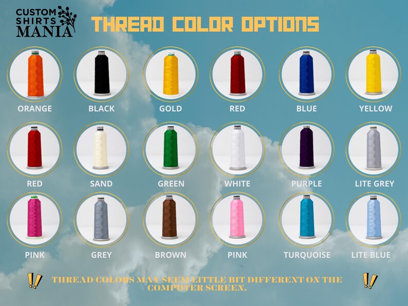 K&ouml;nnte beinhalten: Eine Tabelle mit den Farboptionen f&uuml;r Stickgarn. Die Farben umfassen Orange, Schwarz, Gold, Rot, Blau, Gelb, Sand, Gr&uuml;n, Wei&szlig;, Lila, Hellgrau, Rosa, Grau, Braun, T&uuml;rkis und Hellblau.