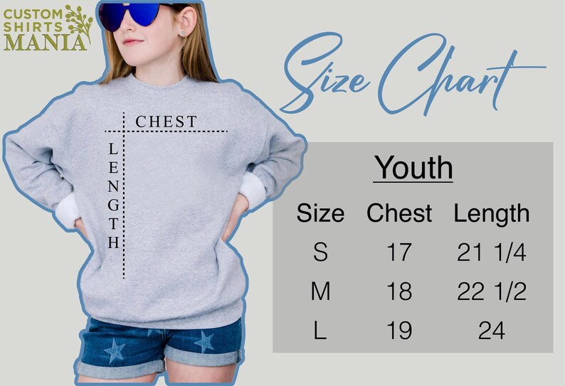 May include: Size chart for youth sweatshirts with measurements in inches for chest and length. Sizes include S, M, and L. The chart shows a model wearing a gray sweatshirt with the measurements marked.