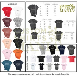 Puede incluir: Un gr&aacute;fico que muestra diferentes colores de camisetas unisex, tallas y medidas en pulgadas. El gr&aacute;fico tambi&eacute;n muestra diferentes colores para tallas de ni&ntilde;os peque&ntilde;os y j&oacute;venes, as&iacute; como bodies. El gr&aacute;fico tiene el t&iacute;tulo "Custom Shirts Mania".