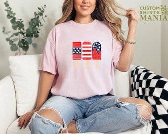Comfort Colors® American Flag Ice Cream Shirt, USA Popsicle Shirt, Patriotic Ice Cream Shirt For Women,Red White Blue 4th Of July Gift Shirt